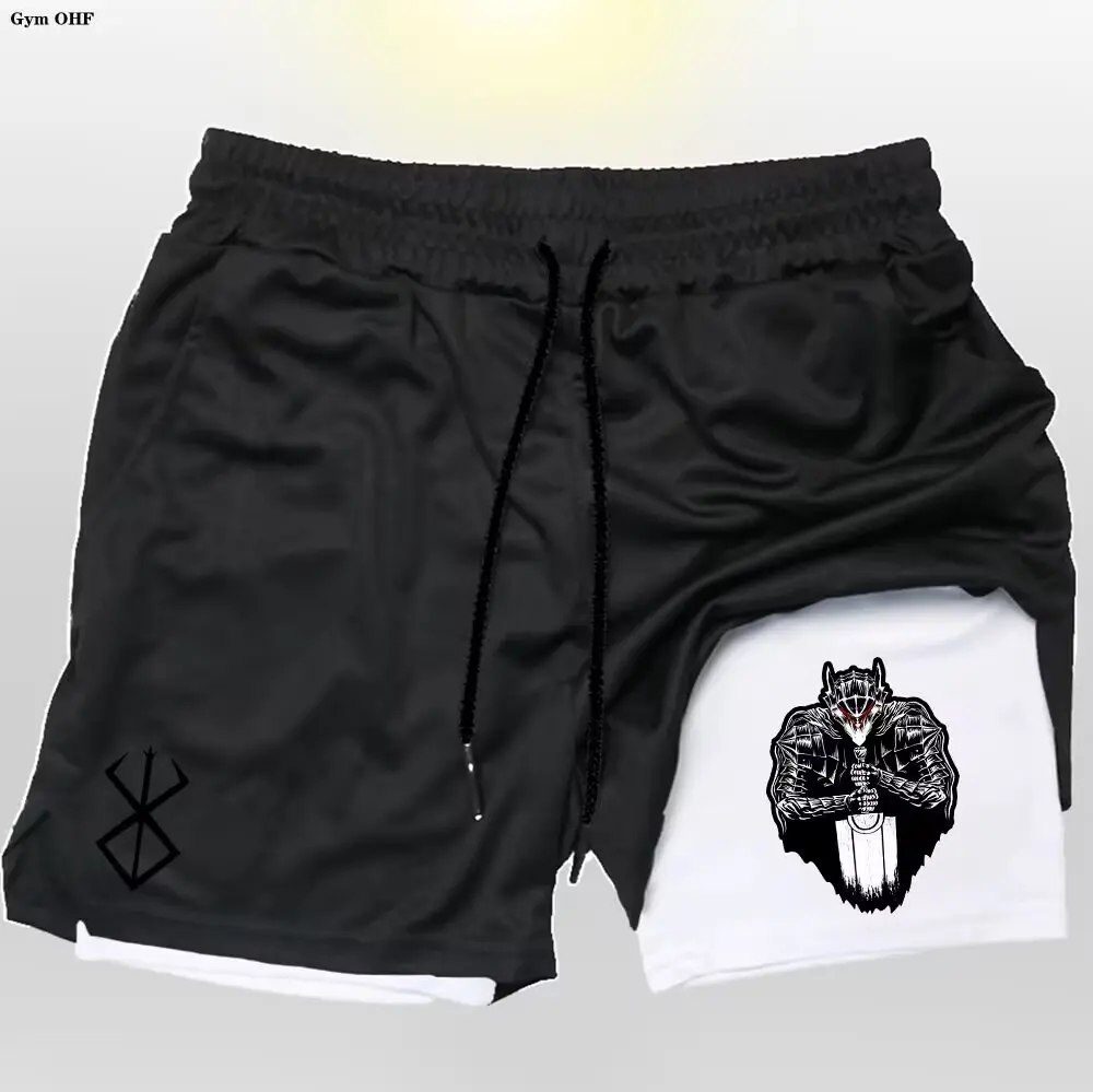 Running Shorts Men Fitness Gym Training 2 in 1 Sports Mens Anime Berserk Quick Dry Workout Jogging Double Deck Summer