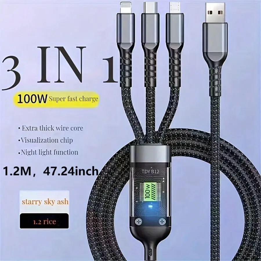 Kabel Pengisian 100W Tiga dalam Satu Super Charging 6A dengan Tampilan LCD Real-Time untuk Android, Huawei, dan iOS - Adapter