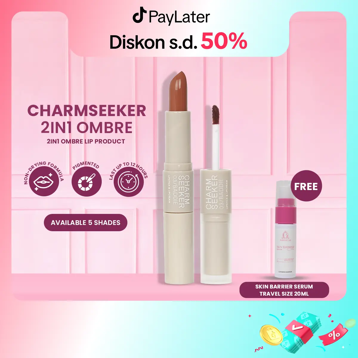 [BUY 1 GET FREE GIFT] Madame Gie Charmseeker Ombre - Lipstick Soft Matte Finish lipstik  lipcream lasting Gloss Kosmetik Liquid Waterproof Bibir