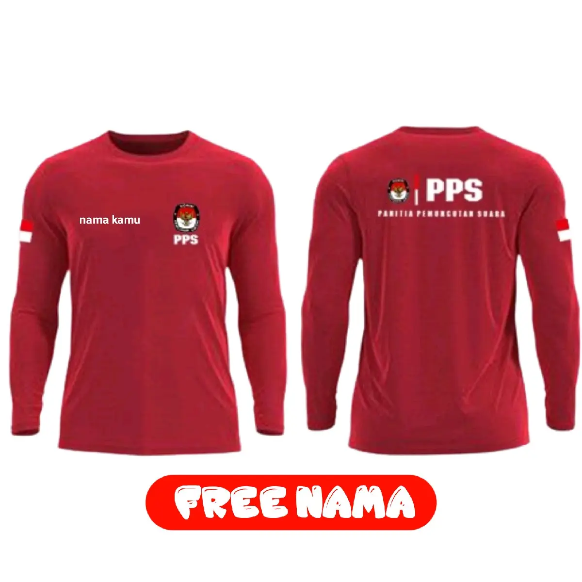Kaos Petugas PPS Pemilu 2024 - Baju PPS Lengan Panjang Panitia Pemungutan Suara 2024 Merah M