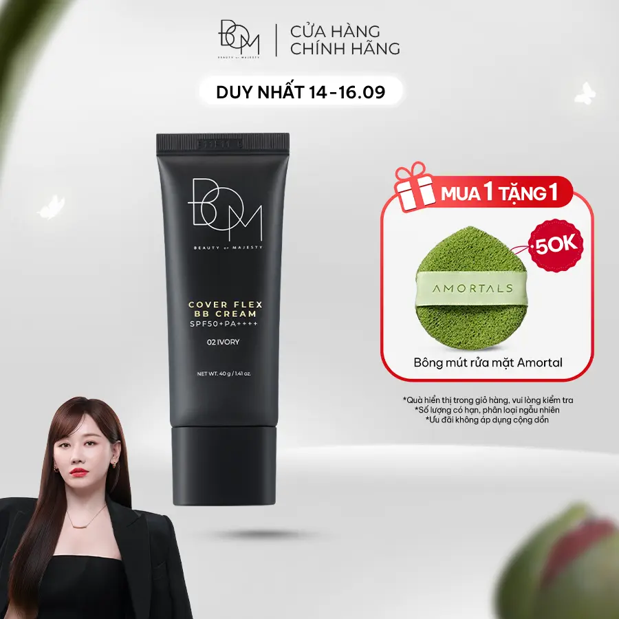 B.O.M Kem nền Cover Flex BB Cream SPF50+PA++++ 40G - Chất kem mỏng nhẹ, độ che phủ cao, làm đều màu da, chống nắng hiệu quả, phù hợp mọi loại da, màu sắc đa dạng #01 CLASSIC, #02 IVORY, #03 BEIGE