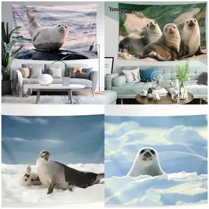 Poster dan dekorasi kamar tidur bergaya hewan laut antarktik yang imut, fokus pada anjing laut, termasuk kain gantung dan tirai pintu