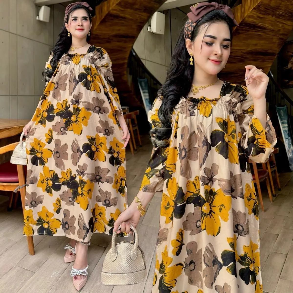 Youniquebyjihan batik pusaka jaya Daster Long dress Fuji Rayon Ld 120cm Karet Dada Lengan Panjang Motif Kekinian Daster Ungu Dress Rumahan Daster Puji Daster Fuji MotifBunga