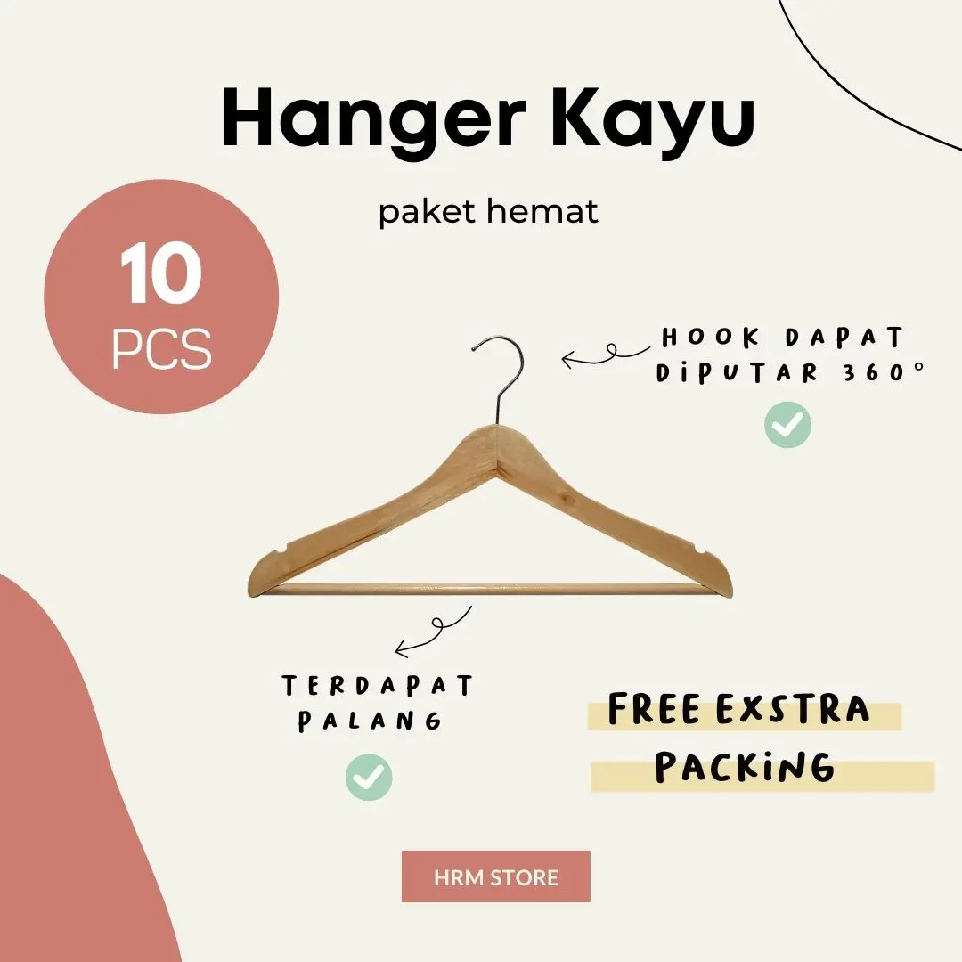 Paket 10 pcs Hanger Kayu Natural Palang Ukuran Dewasa Untuk Display Pakaian
