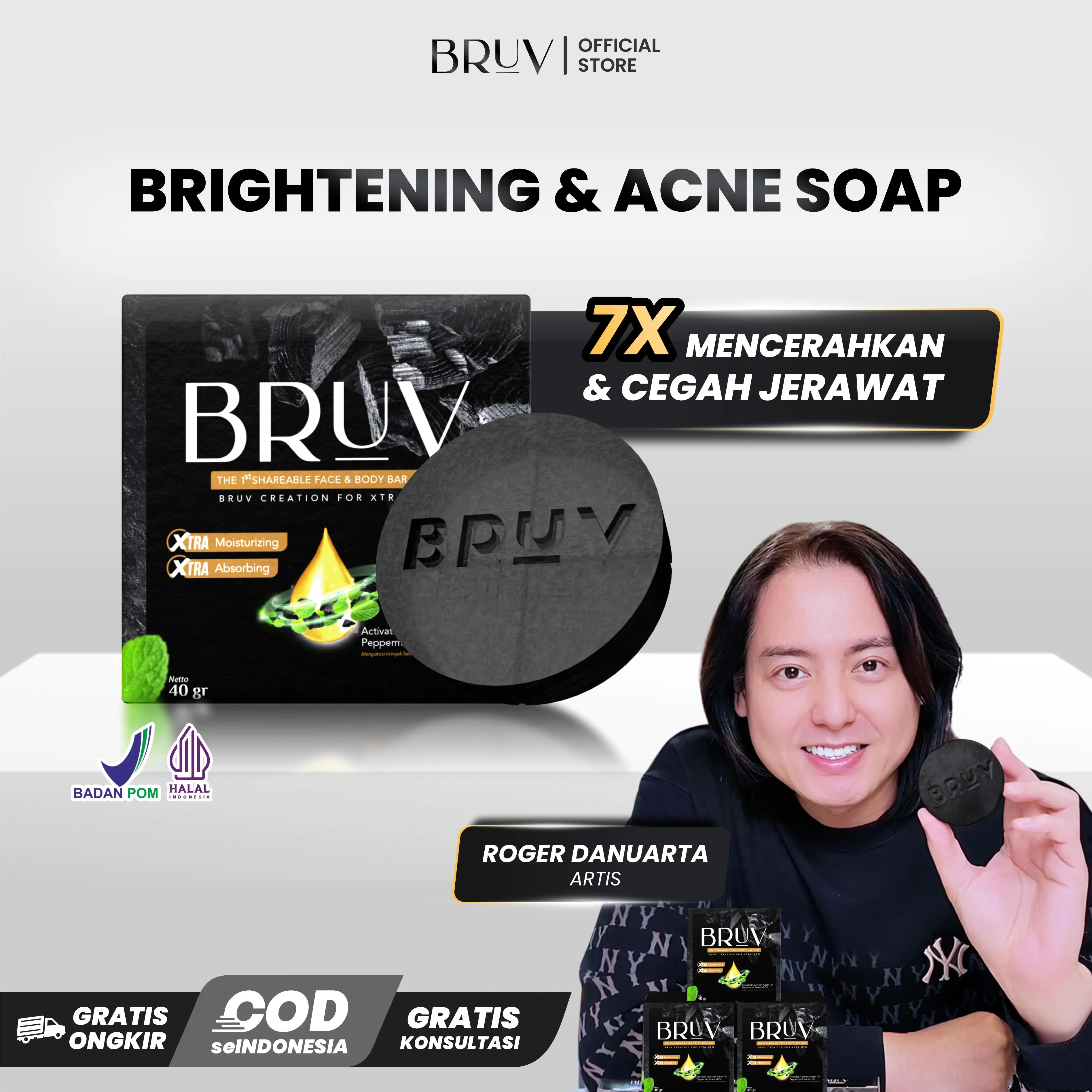 BRUV Brightening and Acne Soap - Sabun Bruv Sabun Pembersih Wajah Pria Pencerah Wajah Pria Menghilangkan Jerawat Pencerah Muka Laki Laki Wajah Kusam Muka Berminyak Bruv Original