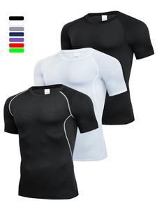 Camiseta deportiva de compresión con cuello redondo y ribete en contraste para hombre, Camiseta de manga corta con cuello redondo y transpirable de secado rápido para correr, gimnasio y entrenamiento, Camiseta deportiva informal para todas las temporadas