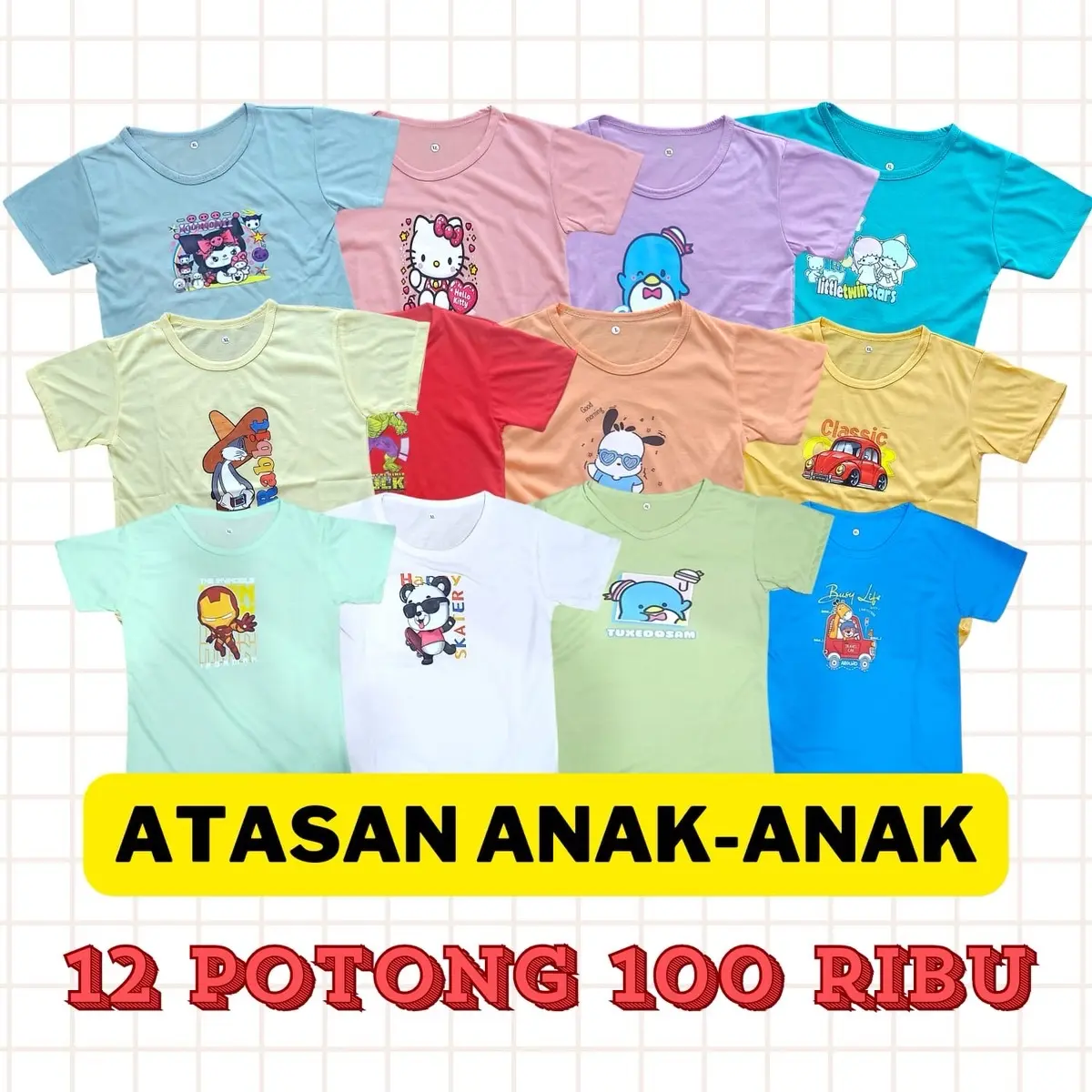 KAOS ANAK-ANAK PAKET HEMAT ISI 12 POTONG (GRATIS AMPAU/HADIAH) BAHAN CATTON  PE 28'S Fashion Anak