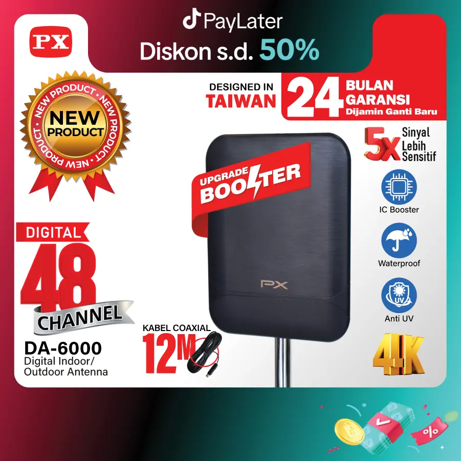 Antena TV Digital Indoor Outdoor + Booster Antenna DVBT2 4K PX DA-6000