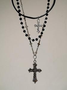 Collar de múltiples capas con cruz oscura gótica y cuentas en cuero sintético PU, joyería vintage punk para mujeres, accesorio único para damas