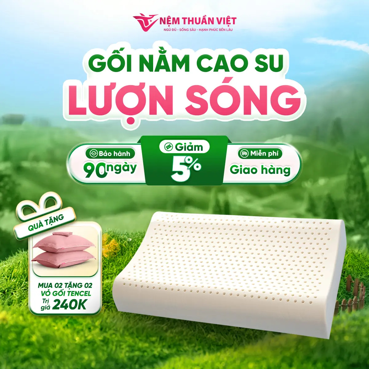 [Combo 2 Gối Tặng 2 Áo Gối] Gối Nằm Cao Su Thuần Việt - Thiết Kế Lượn Sóng, Êm Ái, Giảm Đau Gáy Cổ