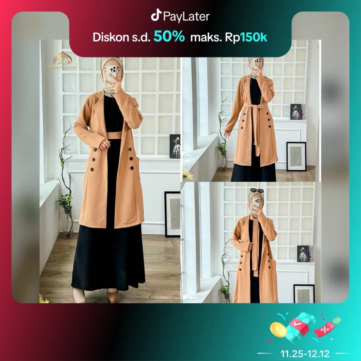 AG - Jisoo Blazer [Tanpa Dalaman] Wanita Long Outer Tali Ikat Pinggang Fashion Muslim Korean Style / 672-8479