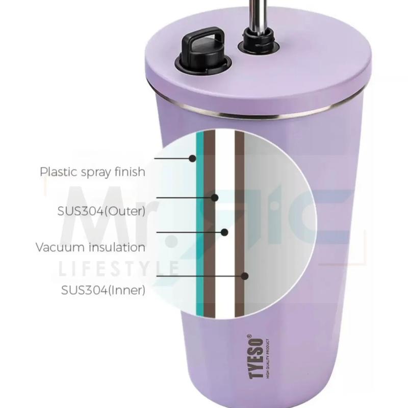 Ready Stock 600ml Tyeso Straw Cup 304 Stainless Steel Thermal Tumbler Mug with Lid Vacuum Coffee Cup for Car Driving