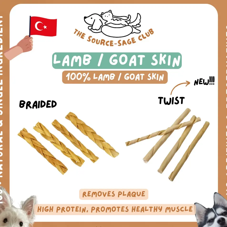 Air Dried Braided Lamb Skin or Goat Skin (single ingredient dog treats, dog dental chew)