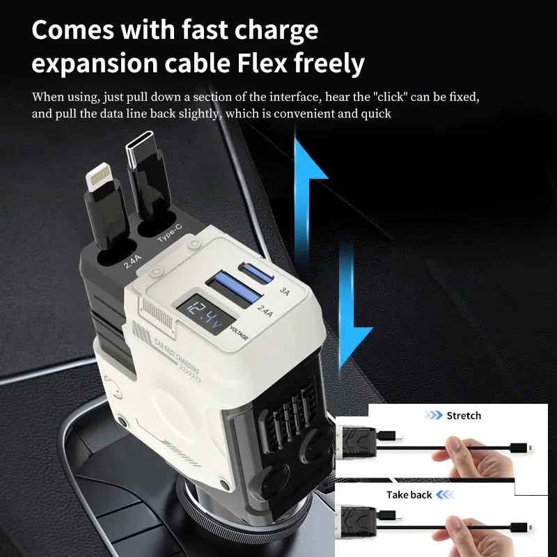 New 120W multi-functional car charger for car charging elastic recovery for Apple jack and Typr-C with numerical display direction adjustable multi-interface work   holder luggage universal  travel tessan  travel Ultra-Fast Multi-Device Type C
