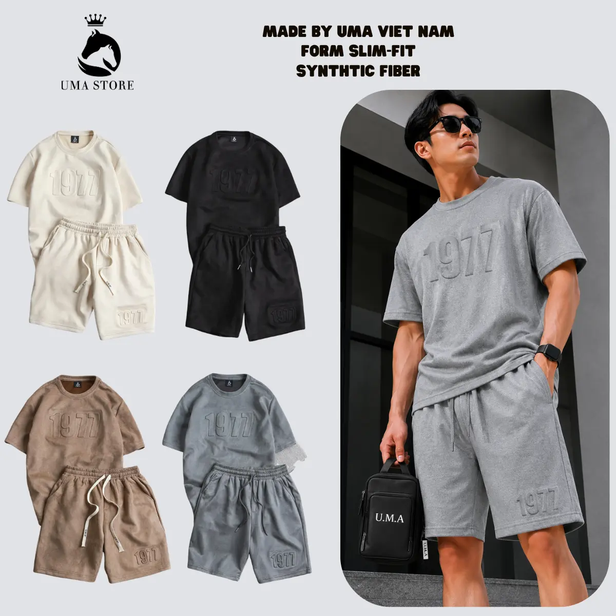 Bộ quần áo nam cổ tròn thể thảo chất liệu da lộn cao cấp có chữ dập nổi 3D, lịch sự (POLOUMAOR)  Chạy Bộ Sport Top 【 top h30 】 màu xám nhạt thường xxl đồng hồ màu đen bodonam set  nam dep Thun
