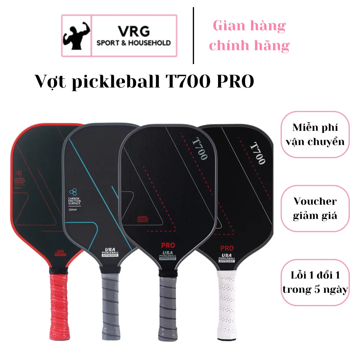 Vợt Pickleball T700 PRO sợi Carbon công thủ toàn diện siêu nhẹ, mặt vợt nhám dùng cho thi đấu hoặc luyện tập ngoài trời Sport Vợt (không kèm túi) Thể Dục Cán Vợt