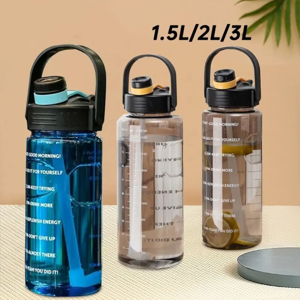 Portable 1.5L/2L/3L Sports Water Bottle Large Capacity with Time Marker Water Jugs Leakproof Lightweight Travel Kettle