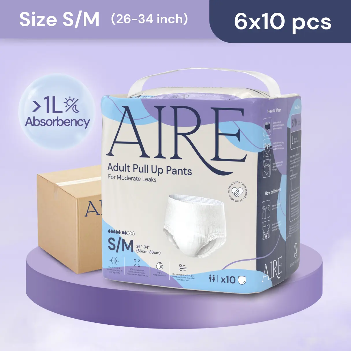 {Carton Deal} Aire Adult Diaper Pull Up Pants Unisex - Size S/M (6x 10pcs) (Elderly Diaper Pants) (Highly Absorbent, Snug, Breathable, Comfort) aire adult pulluppants