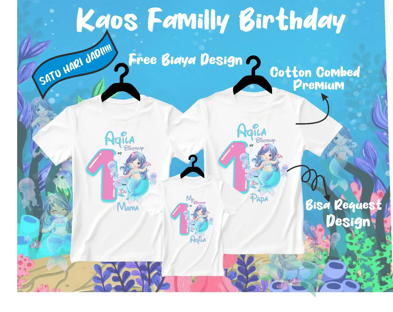 KAOS COUPLE FAMILY BIRTHDAY MERMAID/KAOS ULANG TAHUN ANAK DAN KELUARGA/KAOS CUSTOM ULANG TAHUN ANAK/KAOS COUPLE ANAK Combed Katun