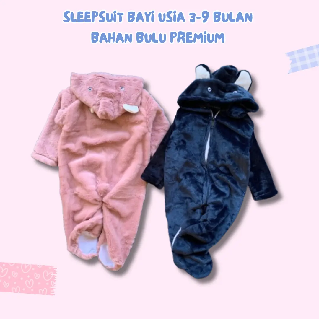 Sleepsuit Bayi Bahan Bulu Tebal Premium Pakai Hoodie Usia 3-9 Bulan Unisex Jumper Bodysuit Bayi Karakter Jumpsuit Resleting Depan sleepsuit bayi