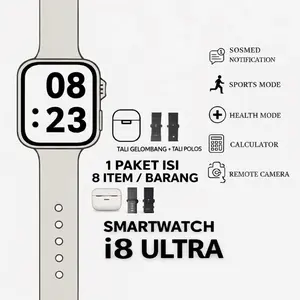 Jam Smartwatch Bluetooth i8 Ultra 42mm Layar 1.9 Inci dengan TWS Earphone Charger Wireless 2 Tali Silikon Fitur Kesehatan Denyut Jantung Kalkulator Notif medsos custom walpaper Monitor Telepon