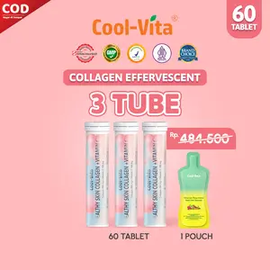 [A - 60+1] 60 Tablet (3 Tube) Coolvita Collagen Effervescent (1 Tube @20 Tablet) + 1 Pouch Minuman Rasa Buah dan Sayuran | Mengandung 500mg Fish Collagen dan 100mg Vit C per Tube | Membantu Menjaga Kesehatan Kulit