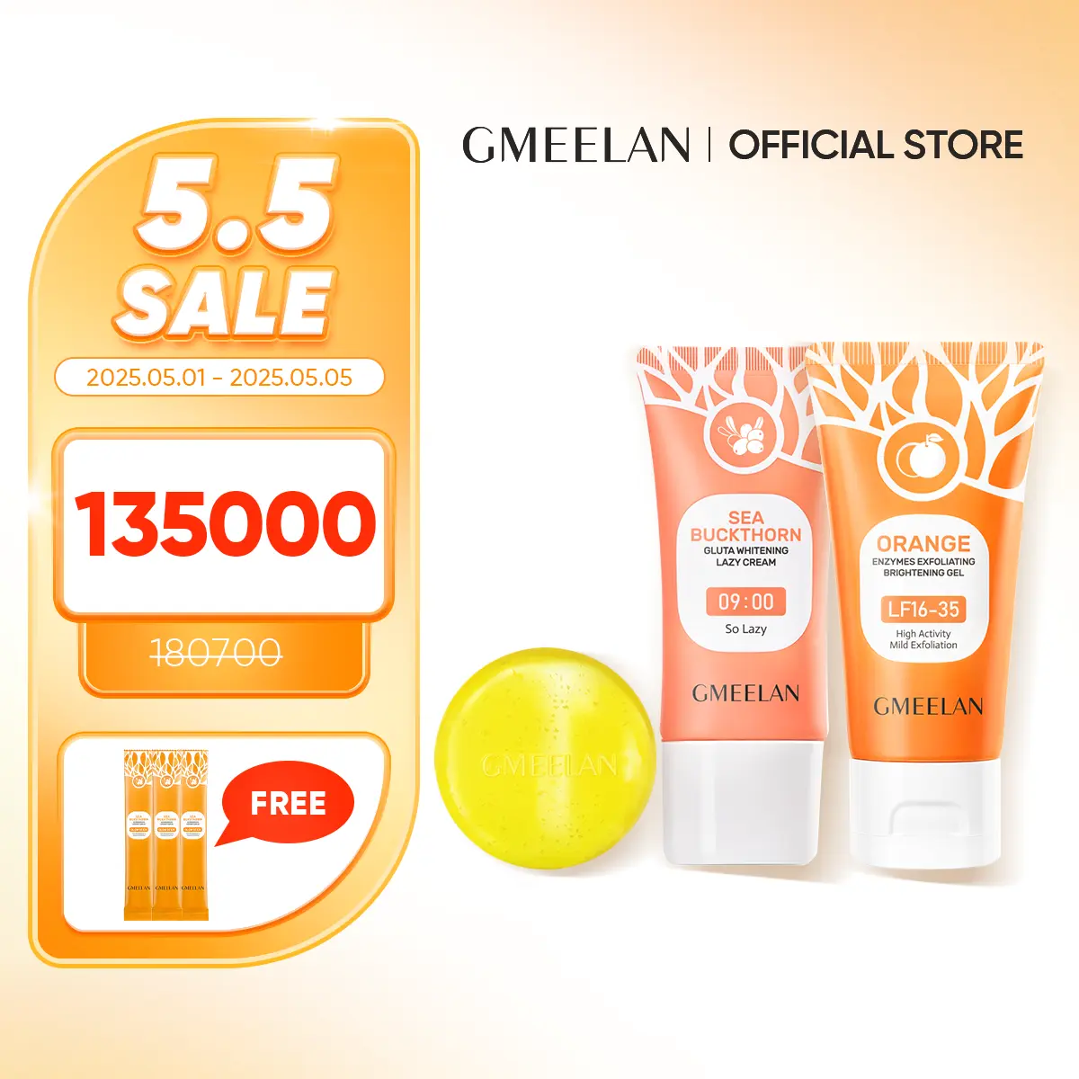 GMEELAN Exfoliating Gel 50g + Whitening Lazy Cream 30g + 24k Gold Body Whitening Soap 100g, Orange Glutathione Tubuh Perontok Memutihkan Lotion Hand Melembutkan Mencerahkan