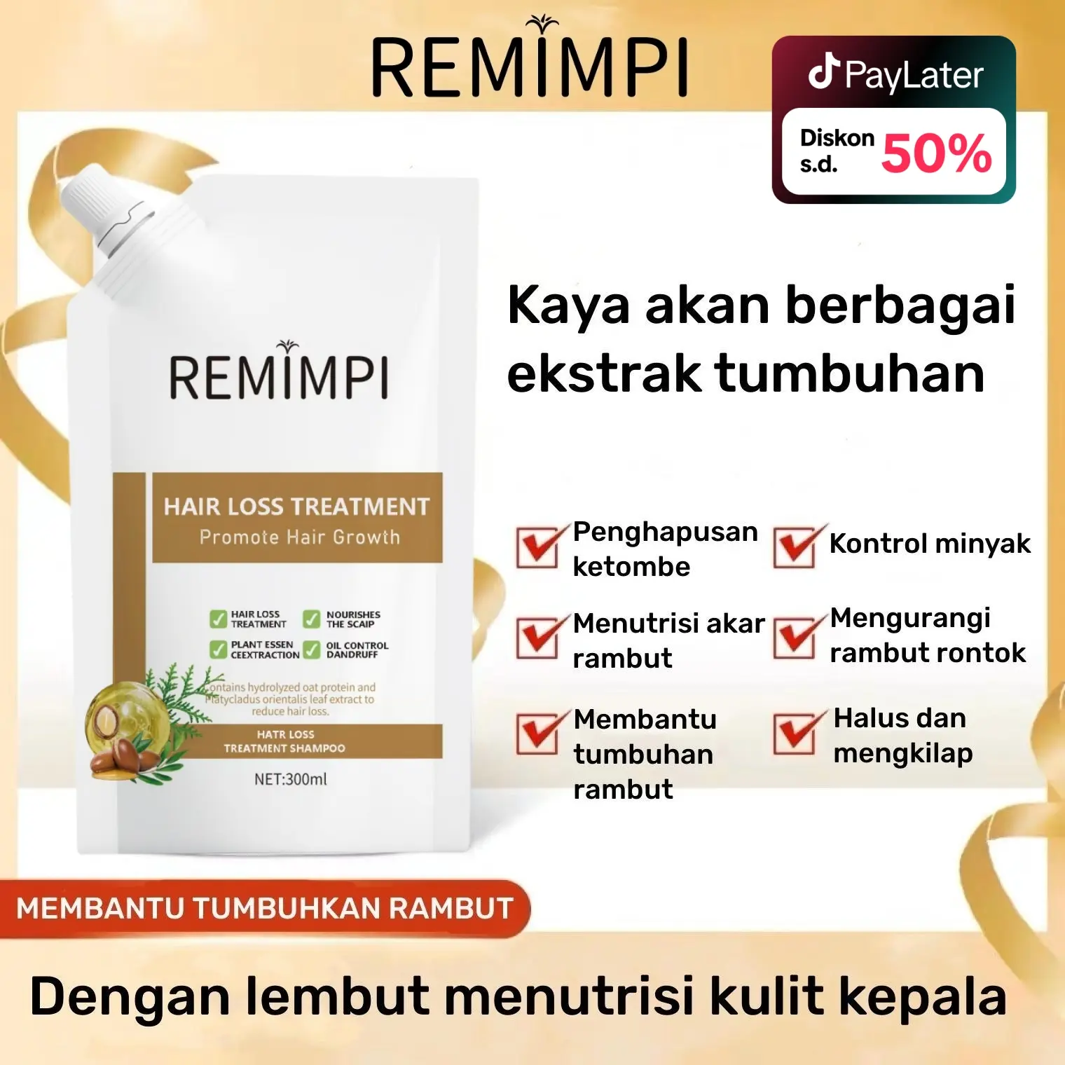 REMIMPI Anti Hair Fall Hair Treatment Shampoo Oil Control Anti-dandruff Herba Extract Anti Hair Loss Anti Rambut Rontok Anti Ketombe Perawatan Haircare Sampo 300ml