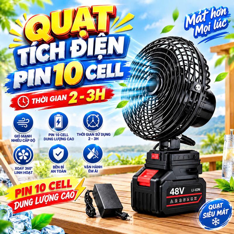 [ Quạt Không Xoay Pin 10cell ] Quạt Tích Điện Pin 10cell - Có 2 Nấc Chỉnh Gió, Sử Dụng Chân Pin Phổ Thông 4cm Hoạt Động Bền Bỉ Tiện Lợi