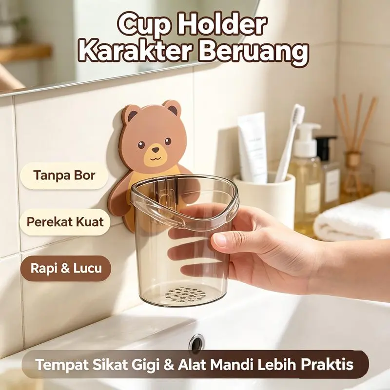 Gantungan Gelas Tempel Dinding Motif Beruang Lucu Tanpa Bor, Rak Gelas Gantung dengan Lubang Drainase Higienis Anti Lumut, Cocok untuk Dapur & Kamar Mandi Anak Kos Kontrakan