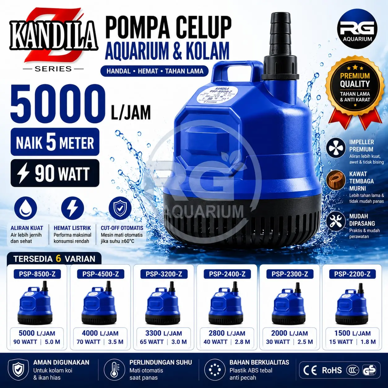 Pompa celup aquarium kolam Kandila PSP 2200z 2300z 2400z 3200z 4500z 8500z