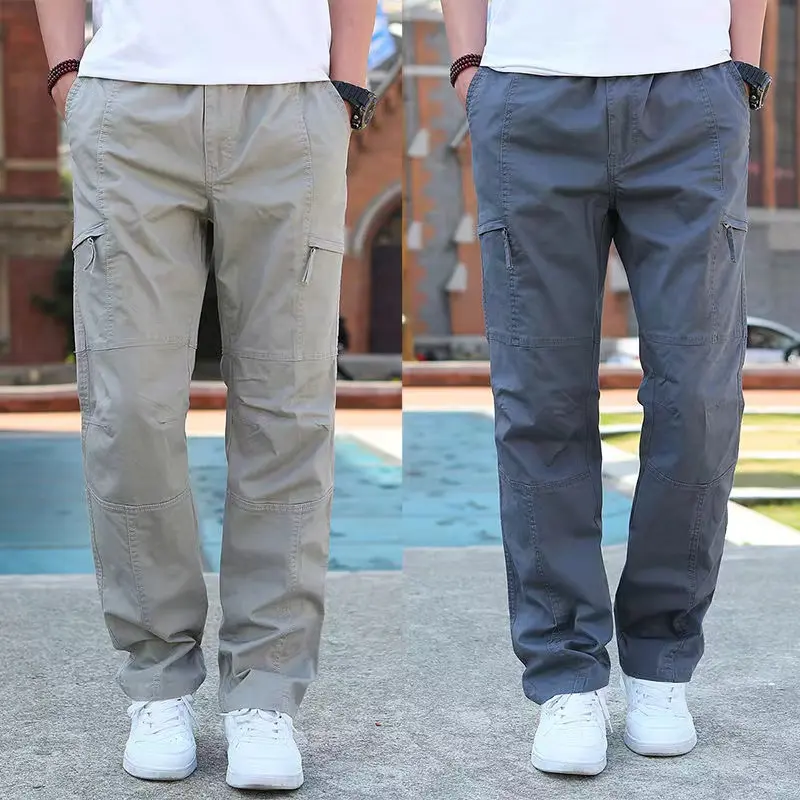 50-130KG Plus Size Men Summer Casual Fashion Loose Breathable Cotton Multi-pocket Elastic Waist Cargo Pants
