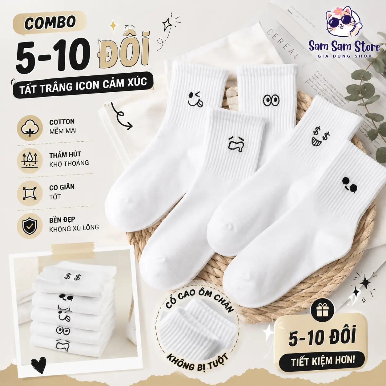 Combo 5- 10 Đôi Tất Trắng In Hình Icon Cảm Xúc Chất Liệu Cotton Mềm Mại Thấm Hút Mồ Hôi Tốt Phong Cách Trẻ Trung Thời Trang Cho Mọi Dịp