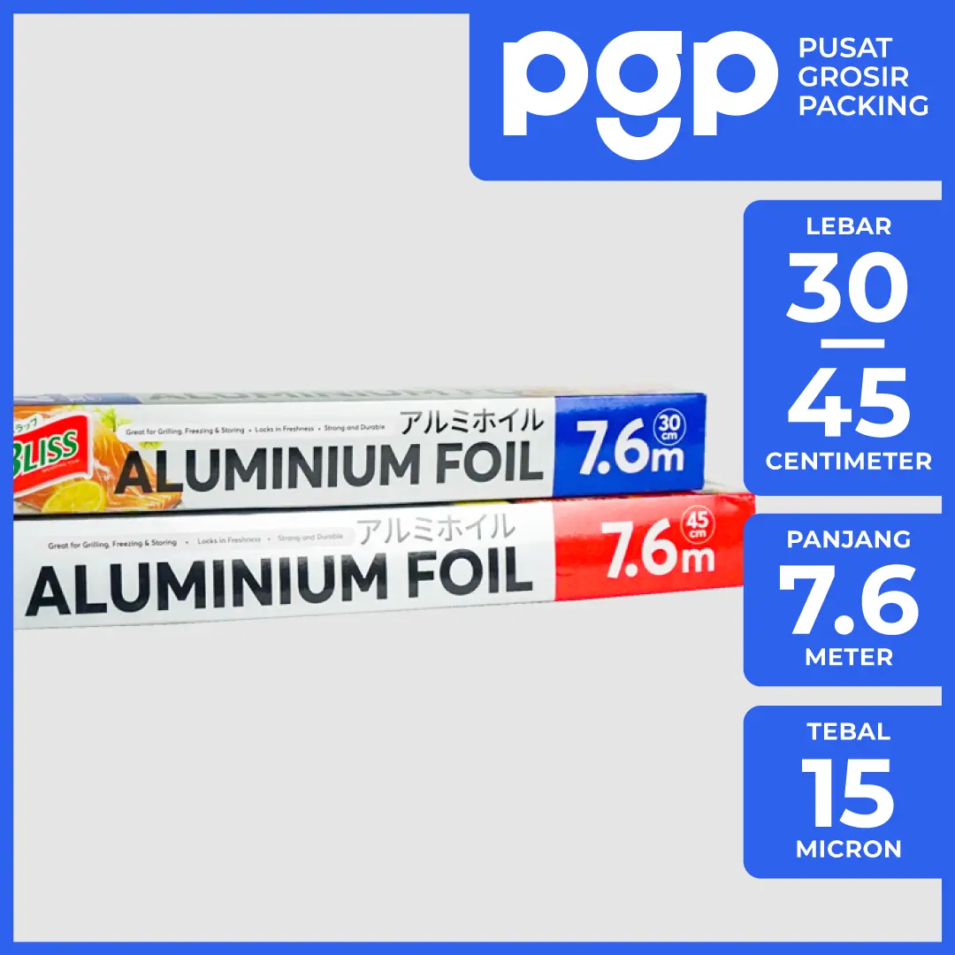 Bliss Aluminium Foil/Pembungkus Makanan (Food Grade) | Aneka Ukuran 30-45 CM x 7,6  M – Kertas Roasting