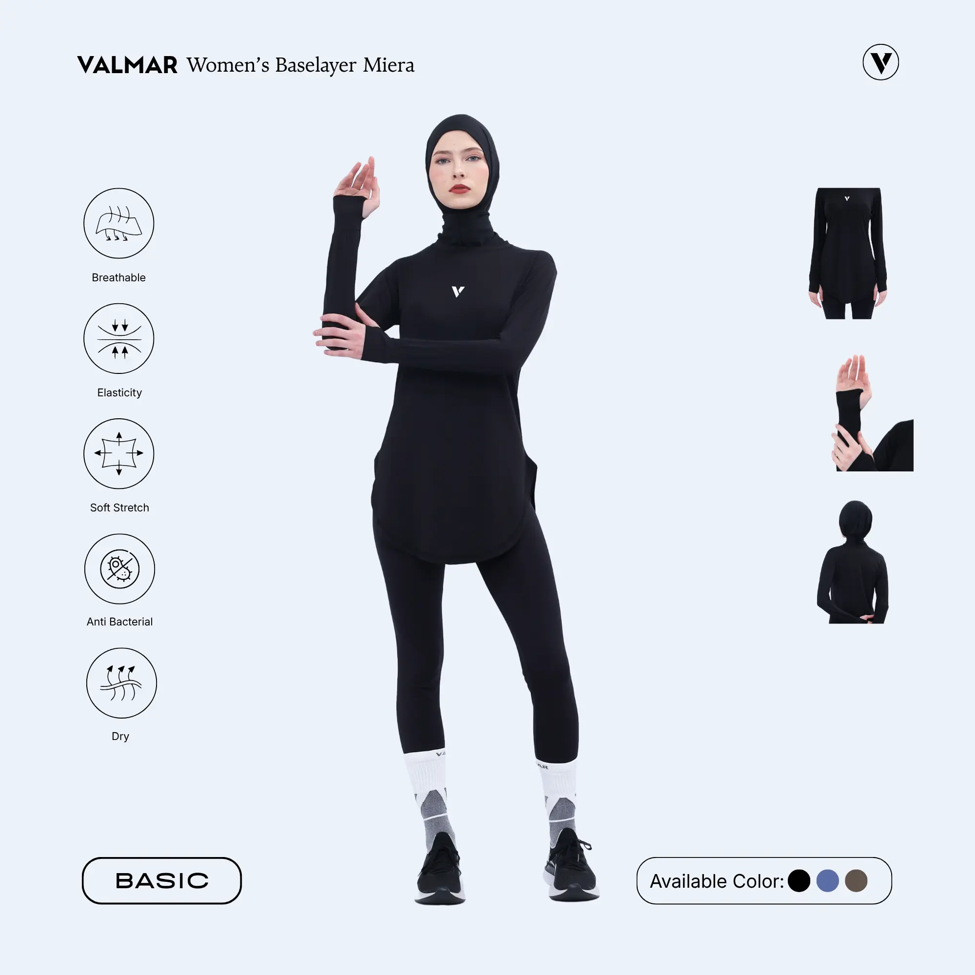 VALMAR SPORTWEAR Miera Manset Wanita Gym Hijab Lubang Jari Baselayer Thumbhole Fitness Running Spandex Stretch
