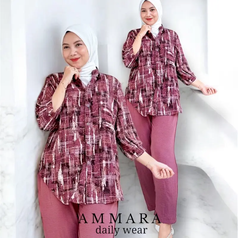 Kiana Basic - setelan crincle corak setelan kombi corak polos oneset wanita dewasa