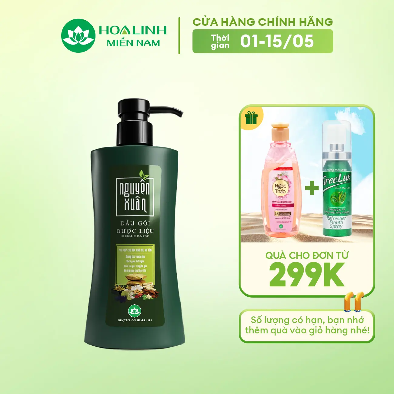 Dầu Gội Dược Liệu Nguyên Xuân Xanh Dưỡng Tóc 350ml - Tặng thêm 10% thể tích giá không đổi