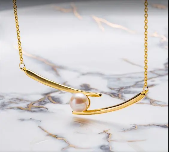 Vòng Cổ ngọc trai nước ngọt hợp kim, ANGPERLE, thiết kế đan xen thiên thạch, 6-7mm, TSYM044