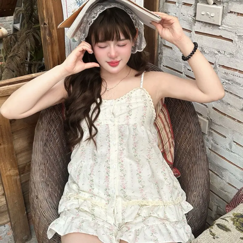 Set bộ 2 dây hoa nhí chất vải thô hàn mềm mịn mát nhẹ mix ren tiểu thư bu Channg Bee