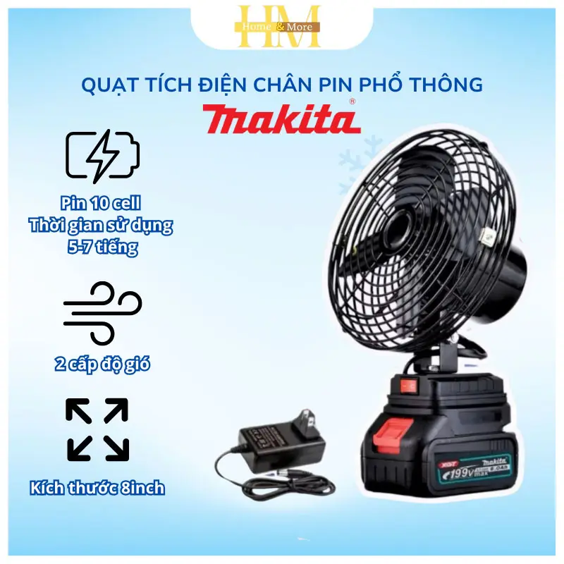 Quạt Tích Điện Lồng Sắt Cánh Sắt Pin 10cell Makita, Quạt Tích Điện Để Bàn 2 Cấp Độ Gió Sử Dụng Liên Tục 5-7 tiếng, Nguyên Bộ Quạt+Pin+Sạc