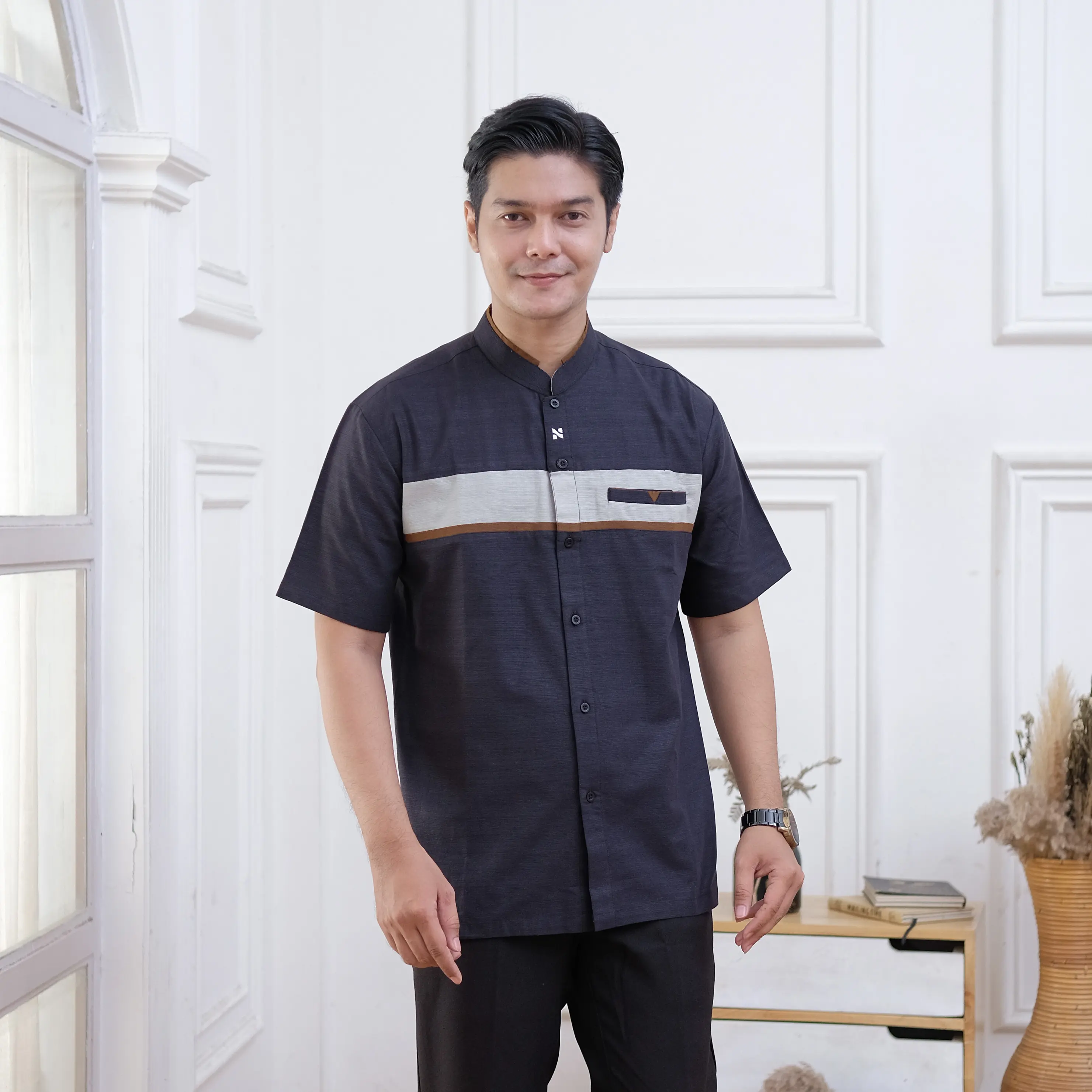 NIGOS Koko Ar Rafi Kekinian Lengan Pendek Muslim Baju bajukoko pria Kain Kancing Katun Abu Dewasa