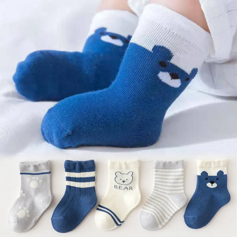 Tất Em Bé Hình Gấu Dễ Thương, 5 Đôi, Chất Liệu Cotton Thoáng Khí, Thích Hợp Cho Trẻ Mới Biết Đi, Bé Trai Và Bé Gái, Thoải Mái Và Mềm Mại, Thích Hợp Cho Trẻ Em Từ 0-5 Tuổi