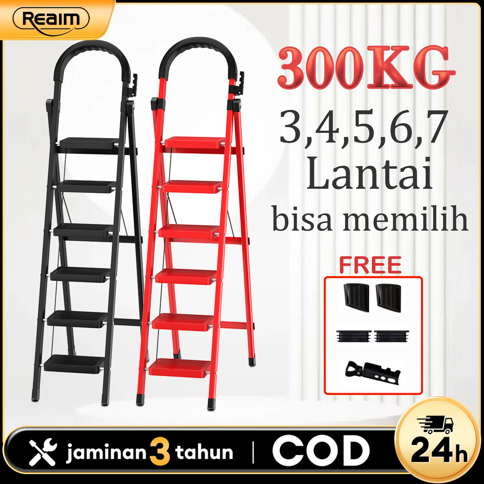 【Diskon 50%】REAIM Tangga Lipat Baja Karbon 300KG 3/4/5/6/7 Langkah Tangga Lipat Multifungsi dan Multiwarna untuk Rumah/Dekorasi Kokoh dan Tahan Lama, Aman dan Stabil, Dapat Ditarik, Hemat Tempat Hitam Besi