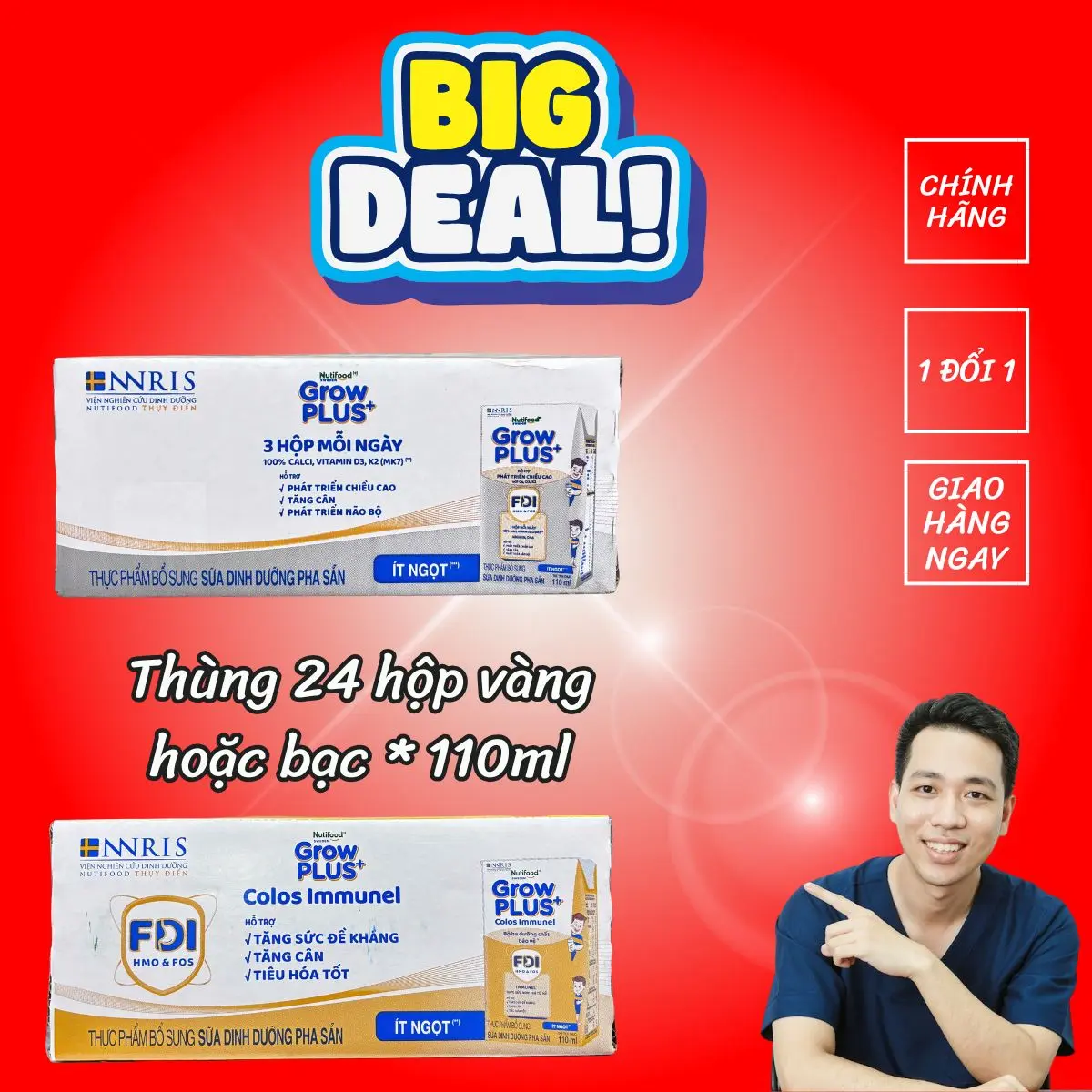 [ Deal Độc Quyền ] 1 thùng 24 hộp Growplus bạc sữa nước công thức phát triển chiều cao , Growplus vàng tăng đề kháng-tiêu hóa,  thùng 24 hộp 110ml