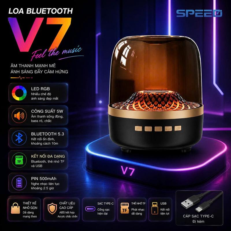[DCKXLIVE ] Speed Loa nghe nhạc bluetooth V7 Speed âm thanh trầm LED  RGB Kết nối 5.3  Có thể kết nối  2 thiết bị cùng một lúc Bảo hành 12 tháng