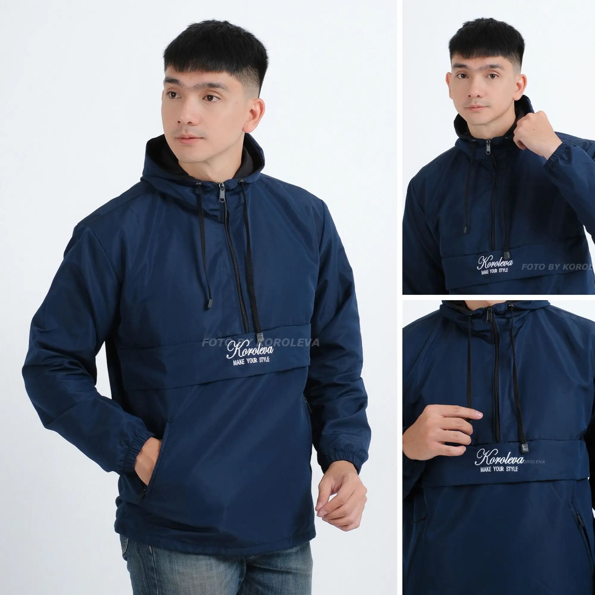 Jaket pria distro Bandung hoodie dua sisi bolak balik keren grosir pakaian keren jaket cowok jaket parasut jaket parasut pria jaket parka jaket pria distro Nyaman parasut cougle Bordir Waterproof Casual Fleece Sweater Tebal Hitam Jumper Navy jersey set