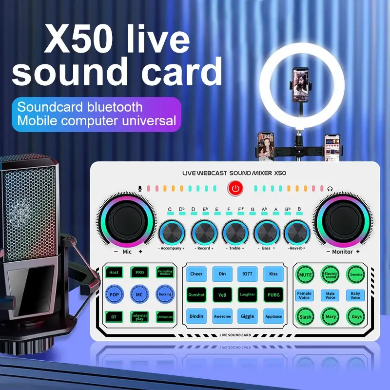 New X50 Podcast Equipment Bundle, With Podcast Condenser Microphone, Voice Changer Sound Card With Multiple Sound Effects And LED Light, Prefect For Streaming/Podcasting/Gaming/Recording/PC