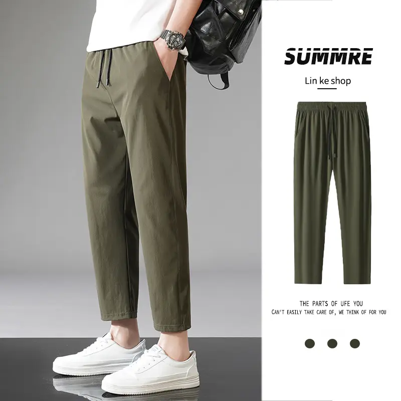 M-8XL nylon four-sided spring summer ice silk niners men's ultra-thin quick-drying sports small foot pants trend elastic summer men's pants