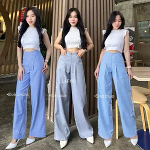 Lafy.id City Pants Celana Panjang Wanita Kantor Kuliah Tebal Stripe Motif Garis Kulot Pinstripe Karet Lembut Loose Katun Basketwave Nyaman Basic