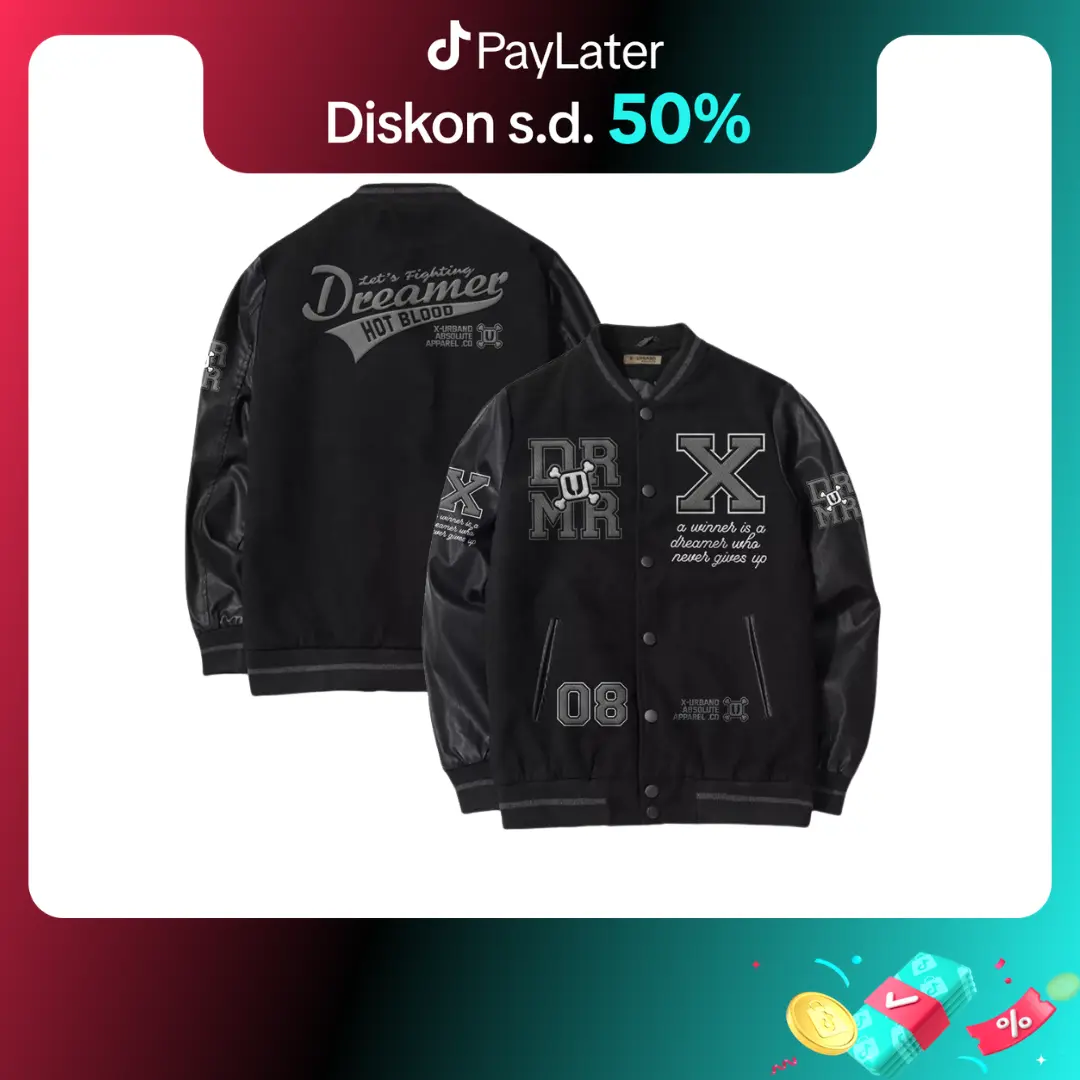 X Urband Absolute Jaket Baseball Varsity DRXMR Fleece kulit tebal Pria Distro Bomber Casual Hitam Keren Hitam Keren Cowok Semi